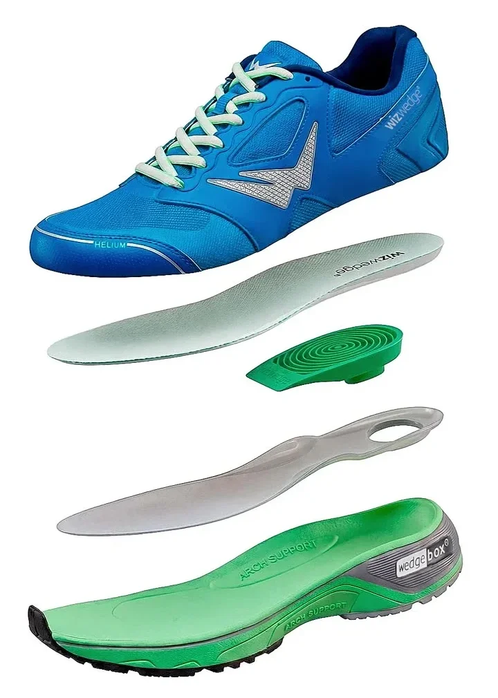 Vue éclatée d'une chaussure Wizwedge : tige, semelle Winsole, Wedge, lame polyamide, semelle WedgeBox
